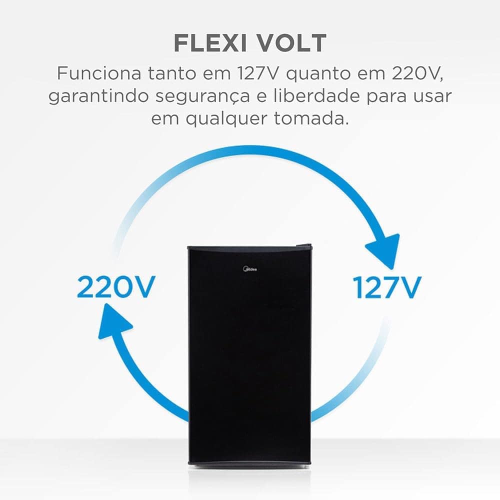 Frigobar Midea 93 litros com tecnologia Flexi Volt, compatível com 127V e 220V.