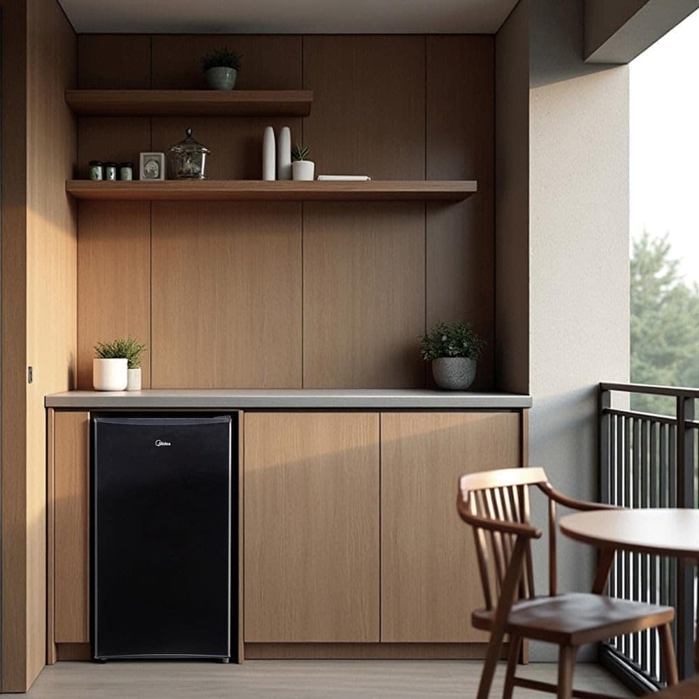 Frigobar Midea 93 litros preto instalado em ambiente planejado com armários de madeira.