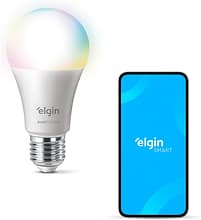 Lâmpada Inteligente Elgin Smart Color RGB ao lado de smartphone com app Elgin Smart exibido na tela.