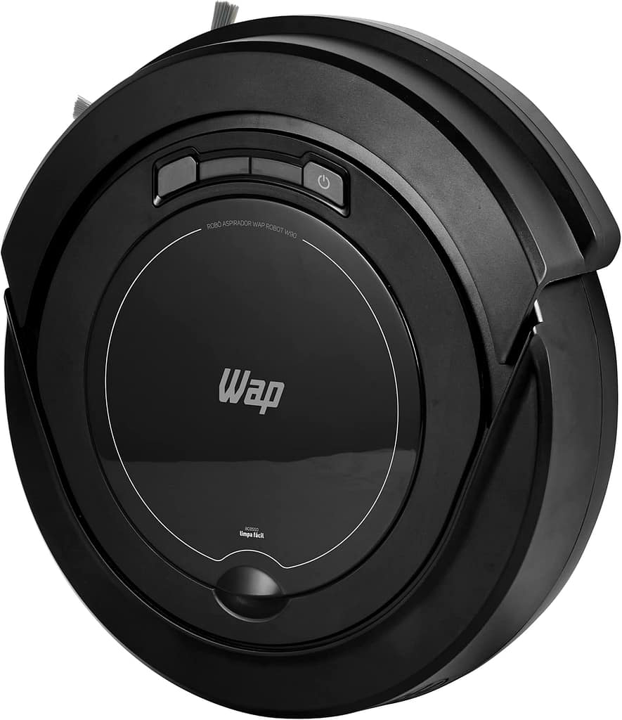 Aspirador robô preto e moderno.
